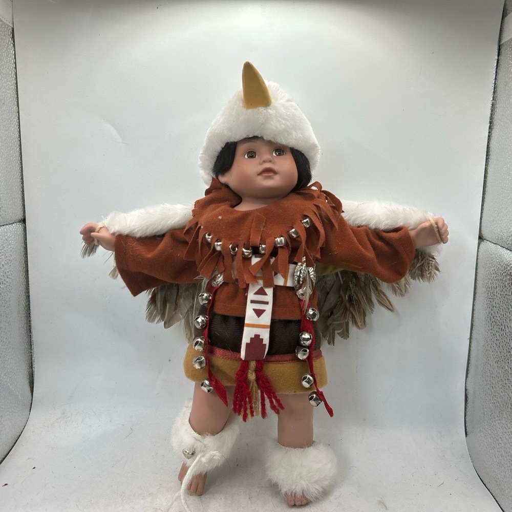 Porcelain Doll‎ Native American Horn Hat Feather Wing 10.5in Brown White Folk